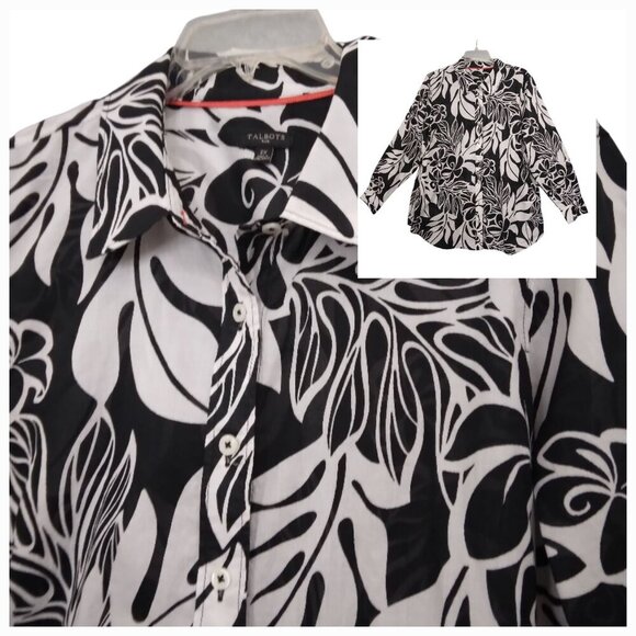 Talbots | Black White Floral Long Sleeve Button Up Blouse Shirt  |  Size 2X - Picture 1 of 9